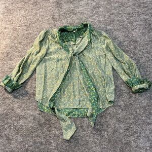 Careste Green 100% Silk Leopard Patterned Blouse with Tie Neck Best Fits Size S